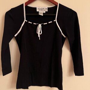 Joseph A. Black Knit Top; White Collar String Tie & Accent Piping Fitted Size S